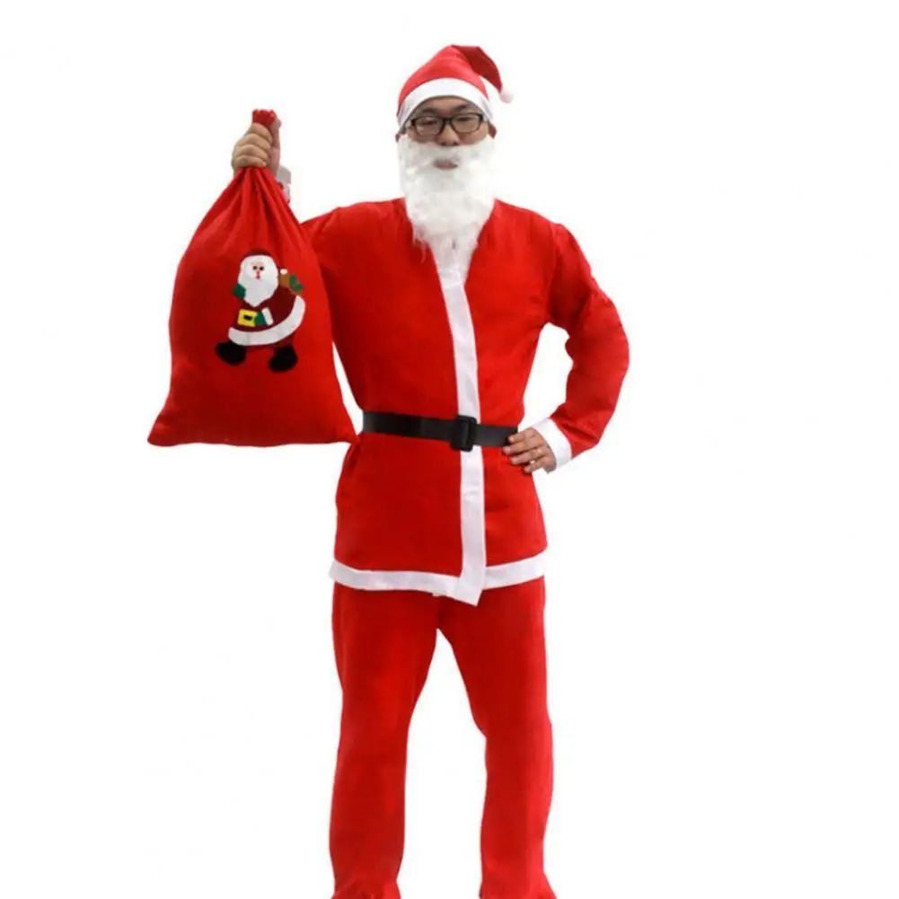 

1 Set Santa Claus Set Top Pants Adult Contrast Color Waist Tight Cute Coat Elastic Waist Pants Beard Belt Hat Xmas Party