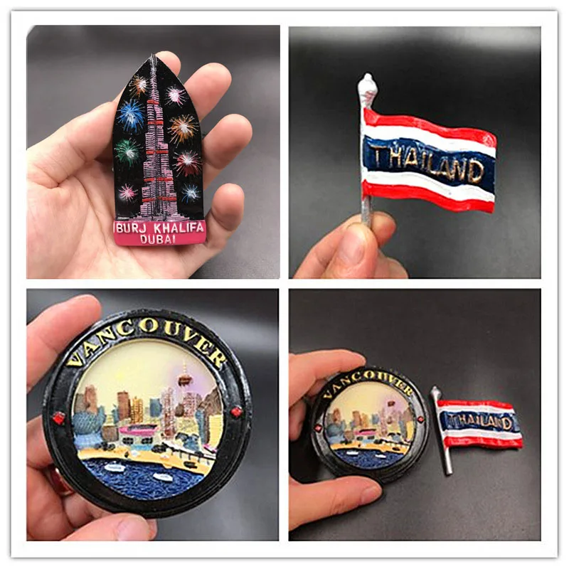 Resin 3D magnetic refrigerator sticker vancouver Canada Thai flag 3D metal refrigerator sticker dubai fireworks Tourist souvenir