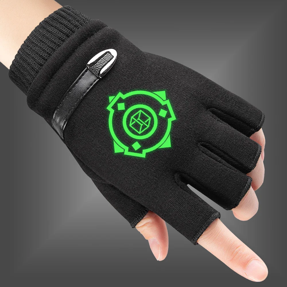 SCP Foundation Print Fluorescent Luminous Fingerless Gloves New 2021Men Women Gloves Spring Autumn Warm Knitted Gloves