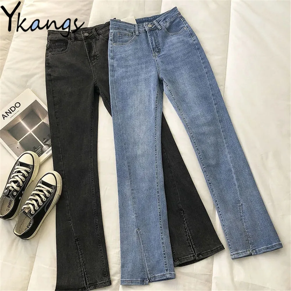 

Vintage Blue Black Slit Stretchy Bootcut Jeans Women High Waist Slimming Skinny Denim Pants Korean Fashion Stitching Trousers