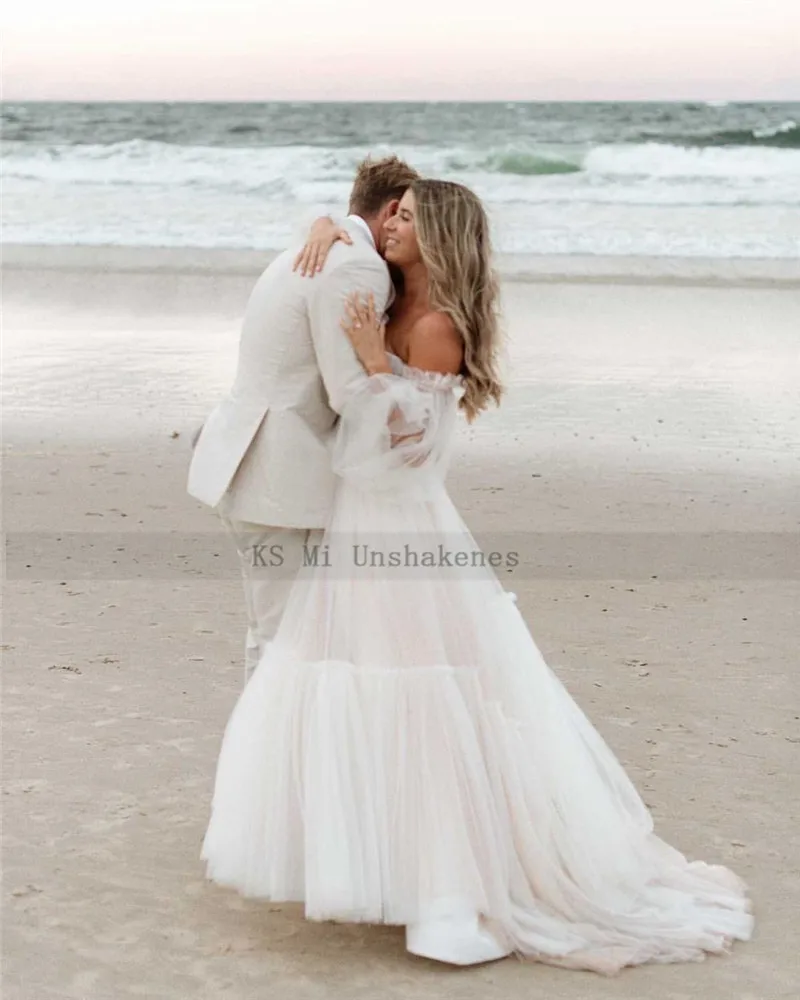 2022 Nieuwe Designer Romantische Strand Trouwjurk Vrouwen Zomer Fee Boho Bridal Jurken Puff Lange Mouwen Bruidsjurken Tulle