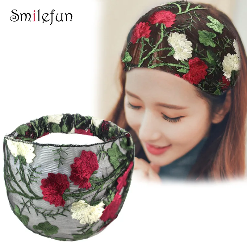 Nova Headband Larga para Mulheres Bordados Étnicos Flor Malha Larga Borda Headbands Hibiscus Mutabilis Lace Bandaba Turbante Headwear