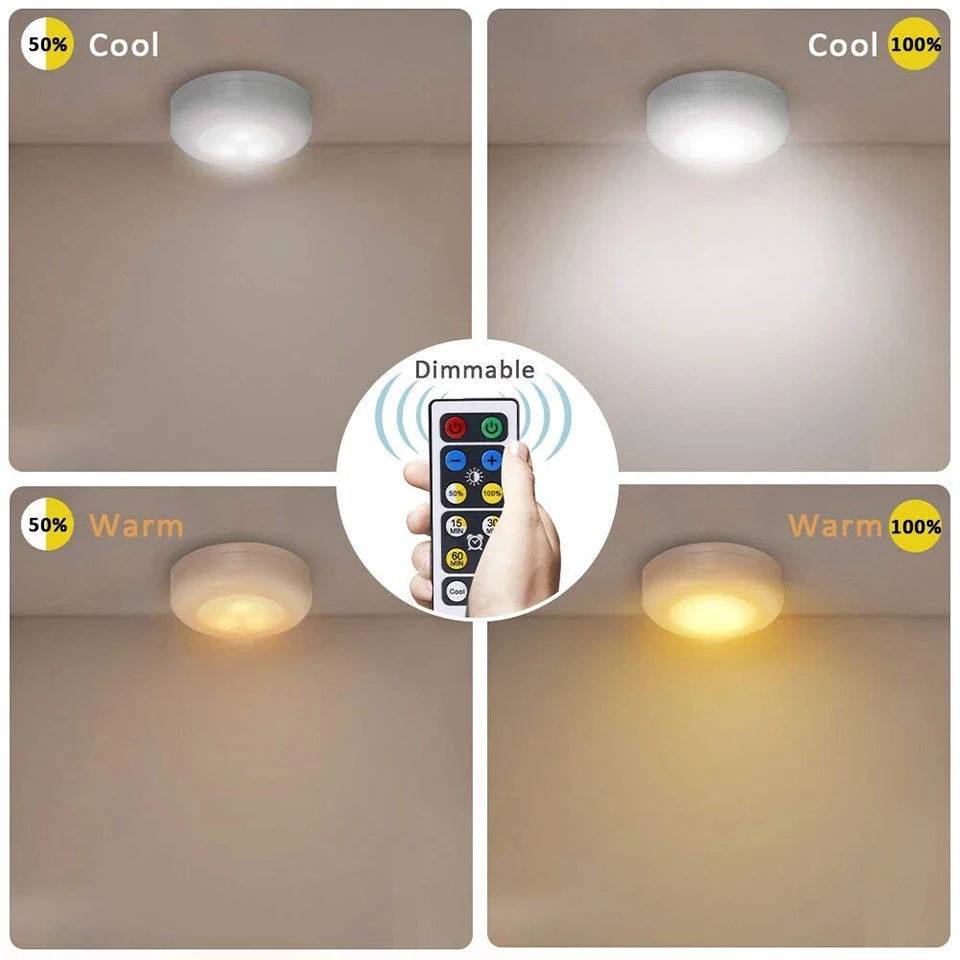 Wireless Dual Color LED Night Light Puck Light with Remote Control Dimmable Touch Sensor for Cabinet Closet Kitchen Lighti