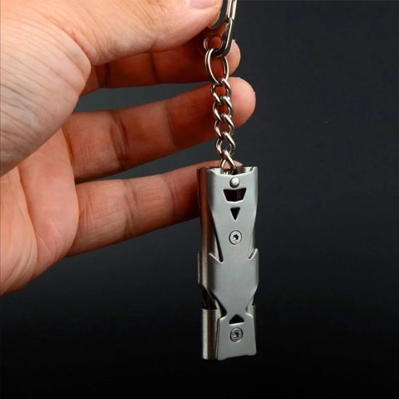 High Decibel Whistle Keychain Stainless Steel Double Pipe Camping Hiking Emergency Survival Whistle Outdoors Tools Portable 2023