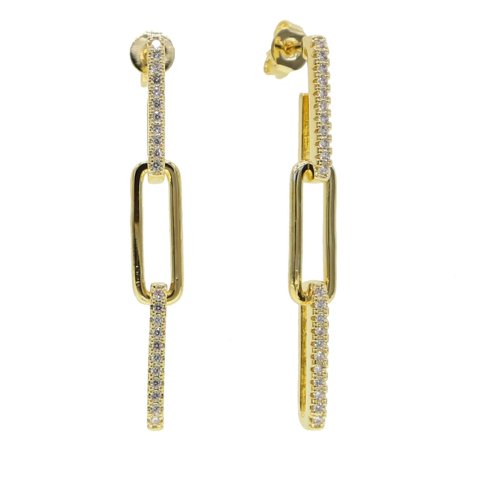 2024 nuovo di alta qualità Iced Out Micro Pave CZ Cubic Zirconia Long Safety Pin Shape ciondola le donne moda Open Link Chain orecchino