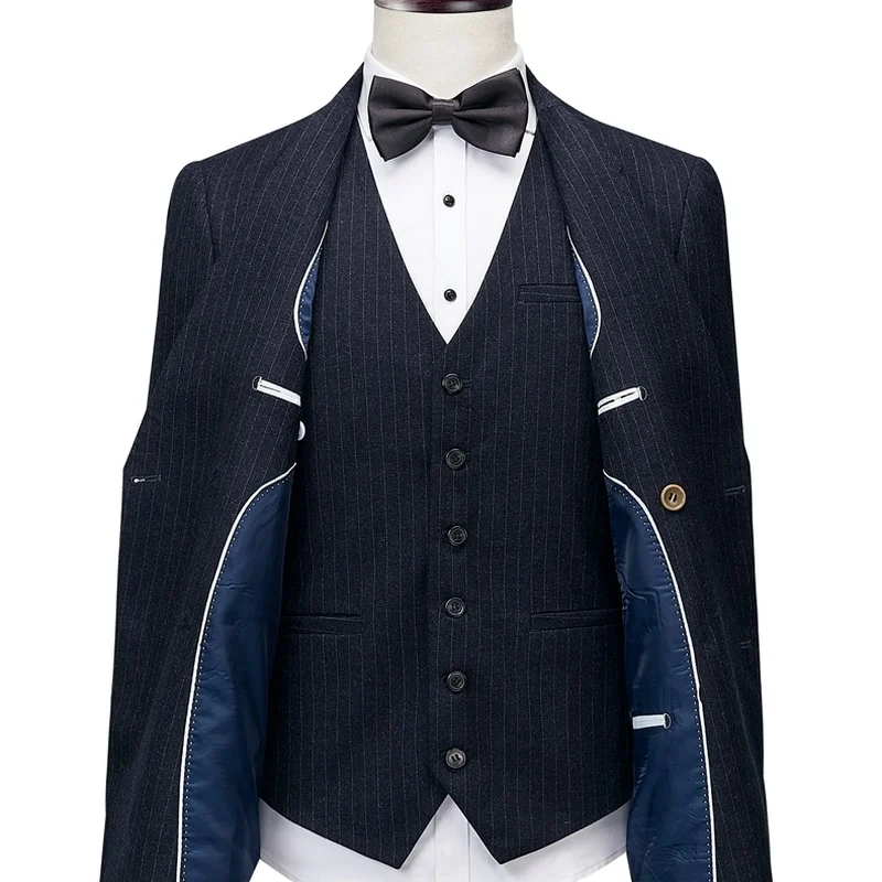 

Private Custom Made Elegant Navy Blue Mens Double Breasted Suit Fit Vertical Striped Suit Men Simple Wedding Dress Blazer Suit