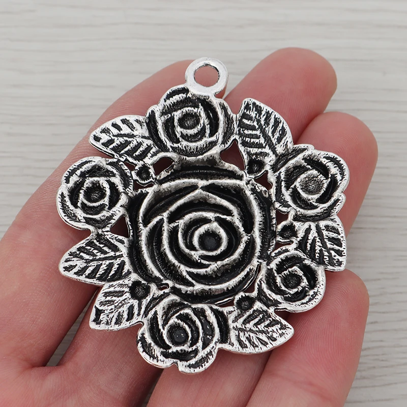 3Pcs Tibetan Silver Large Round Rose Flower Charms Pendants for DIY Necklace Jewelry Making Findings Accessories 62x54mm