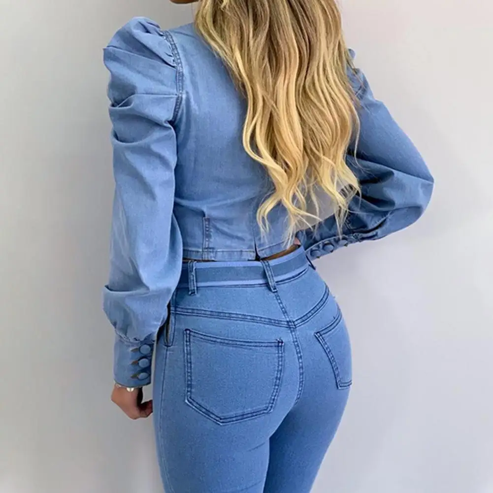 Women Blouse Puff Sleeve Solid Color Spring Autumn Sexy Long-Sleeved Imitation Denim Shirt for Party