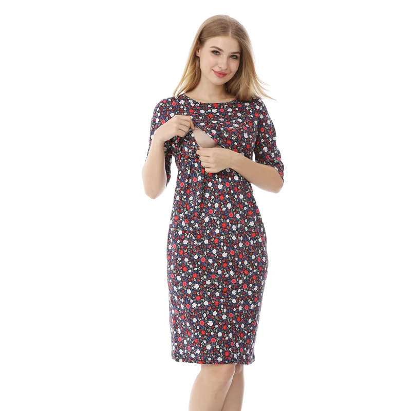 Plus Size Floral Nursing Midi Dress 3/4 Sleeve Round Neck Lift Front Feeding Slim Fit Pregnant Women Bodycon Dress