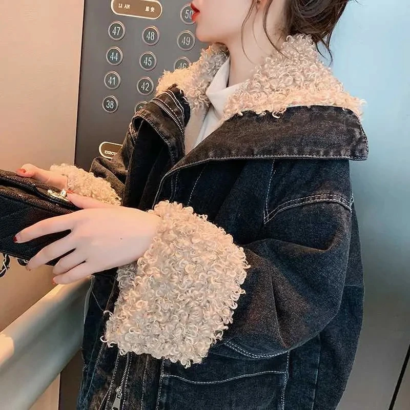 

Denim jacket female new autumnwinter wild plus velvet imitation lamb wool ins cowboy cotton coats tide women's coat A573