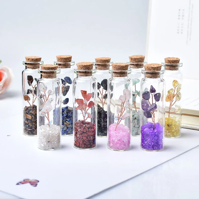 Natural Crystal Glass Wishing Bottle Lucky Tree Healing Stone Natural Polished Stones Lucky Drifting Bottle Birthday Gifts