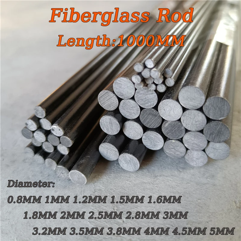 5PCS Glass Fiber Rod 0.8mm 1.2 1.8 2 2.5 3 4-5mm Black Solid Fiberglass Round Bars Arch Tent Mosquito Net Bracket Length 1000mm