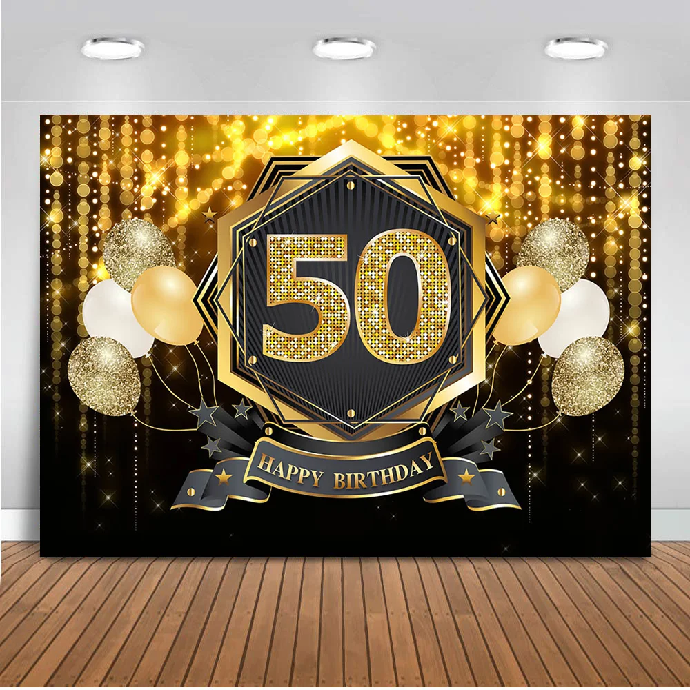 

50th happy birthday party background for photo booth studio gold glitter backdrop for photography studio balloons party decor