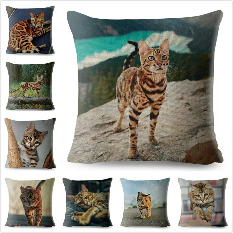 Cute Bengal Cat Print Pillow Cushion Cover Beige Linen Throw Pillows Cases Sofa
