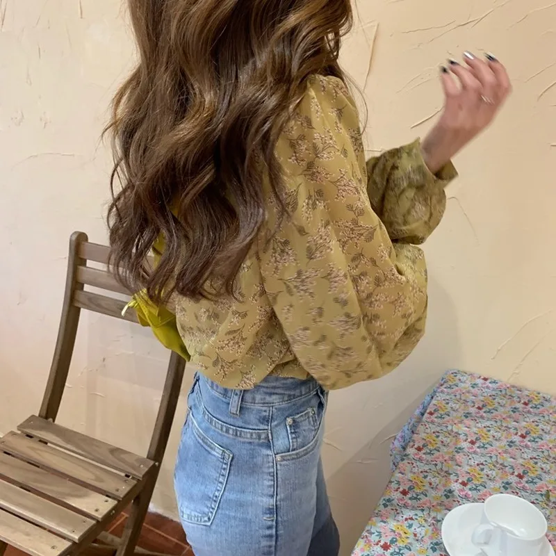 Blusa de gasa con manga abombada para mujer, rebeca con estampado Floral para otoño, 10314