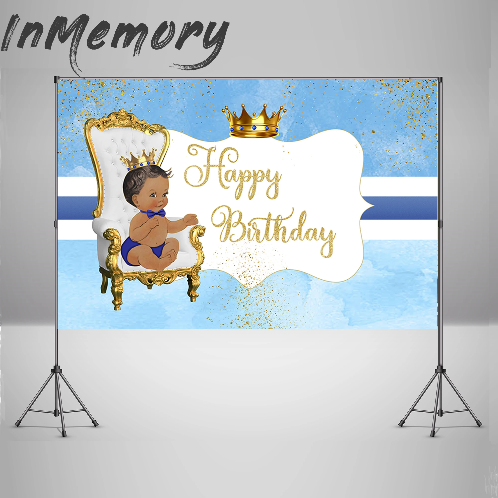 Happy Birthday Photography Backdground Chair Crown Blue Baby Prince Backdrop for Photo Studio Baby Shower Poster Party Decor