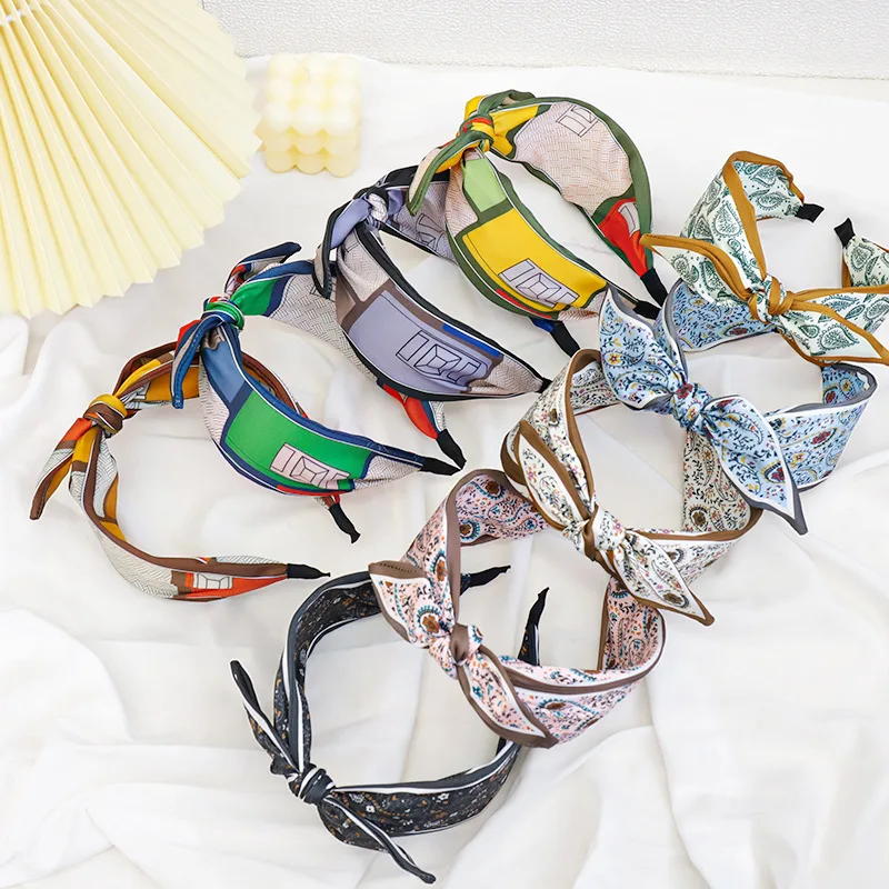 2024 New Summer Bohemian Print Rabbit Ear Hair Bands Wide Headbands National Style Flower Printing Hair Accessories Head Wrap