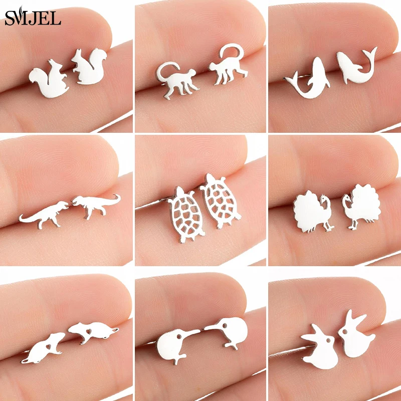 Cute Stainless Steel Animal Earrings For Women Girls Monkey Hamster Turtle Peacock Fish Earrings Piercing Female Jewelry Studs