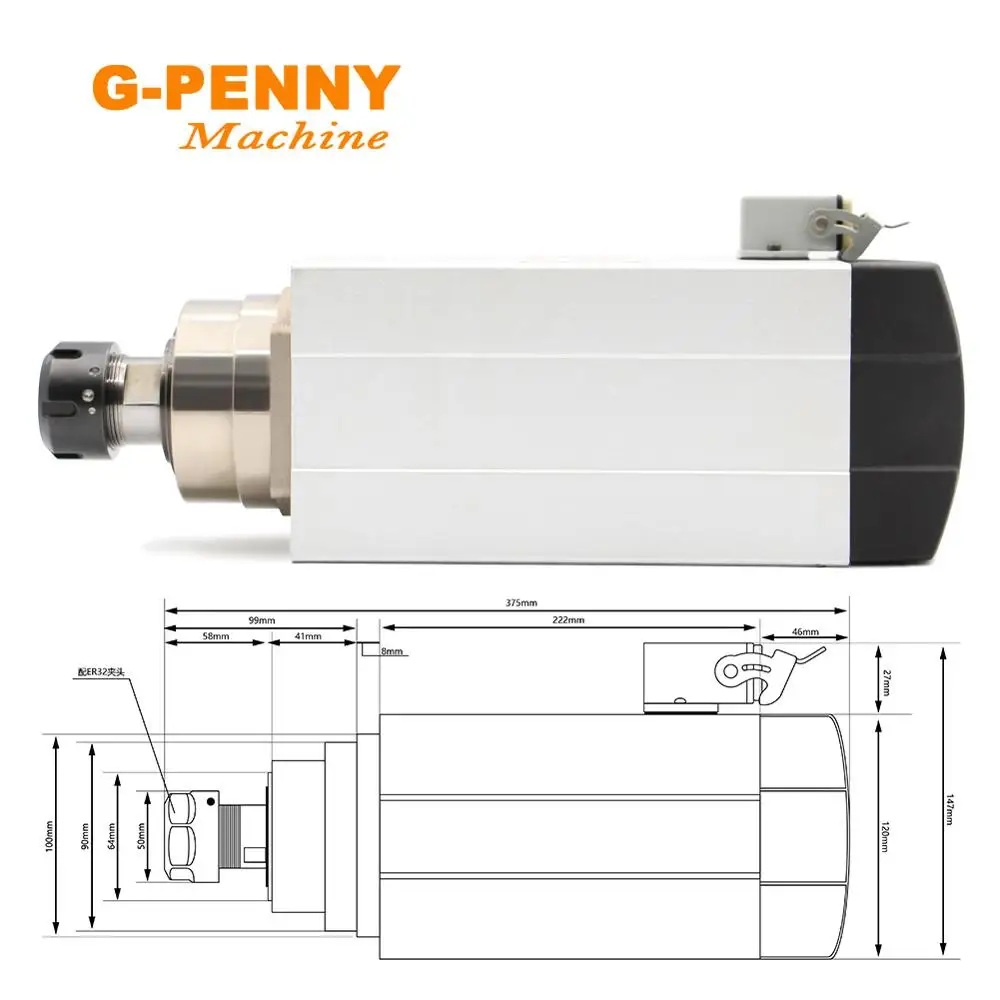 G-PENNY CNC 6.0KW ER32 Air Cooled Spindle Motor 220v 380v 300HZ Air cooling with 7.5kw 1000Hz FULING inverter