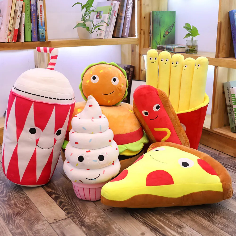 Brinquedo de pelúcia para crianças, almofada de pelúcia para hambúrguer, pizza, sorvete, batatas fritas, pipoca, bolo, travesseiro, brinquedo de aniversário