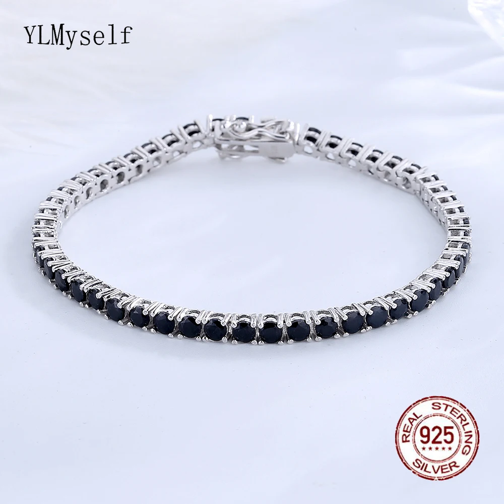 

Solid Pure Silver 15/16/17/18/19/20/21 cm Tennis Bracelet Pave 3 mm Round Black Jet Zircon Elegant Real 925 Jewelry For Women