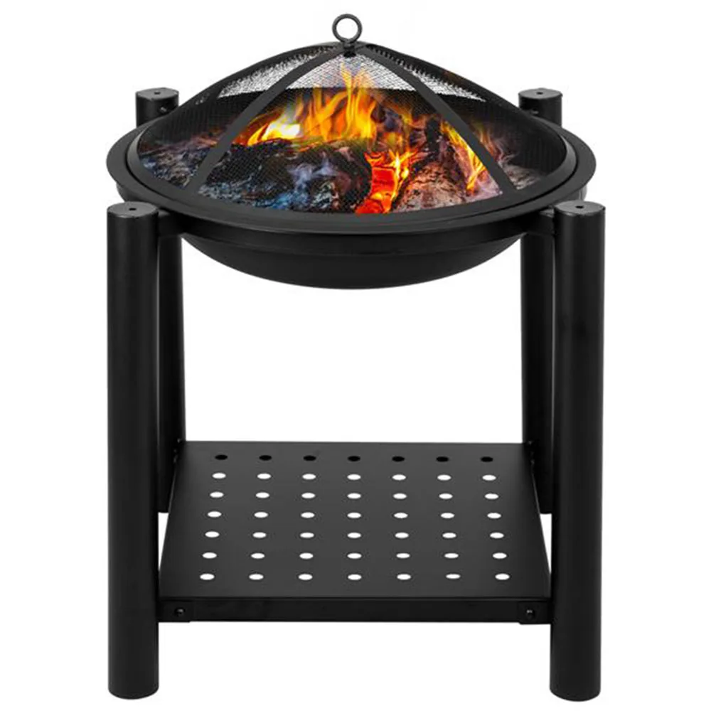 

22" Four Feet Iron Brazier Wood Burning Fire Pit Decoration for Backyard Poolside with a Shelf