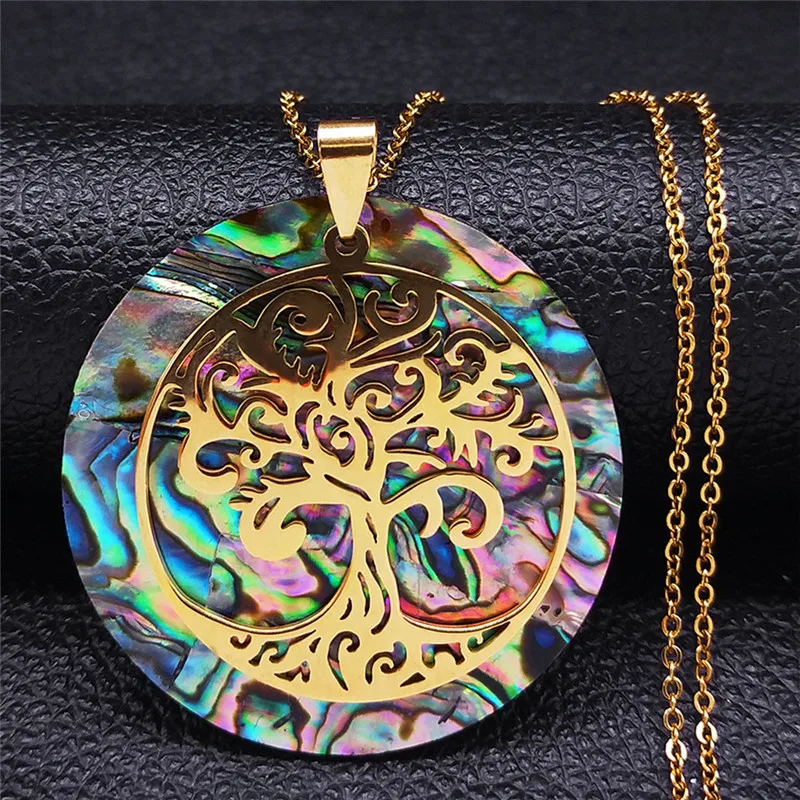 Abalone Shell Paper Stainless Steel Bohemia Tree of Life Necklace Women/Men Gold Color Necklace Jewelry arbre de vie 830