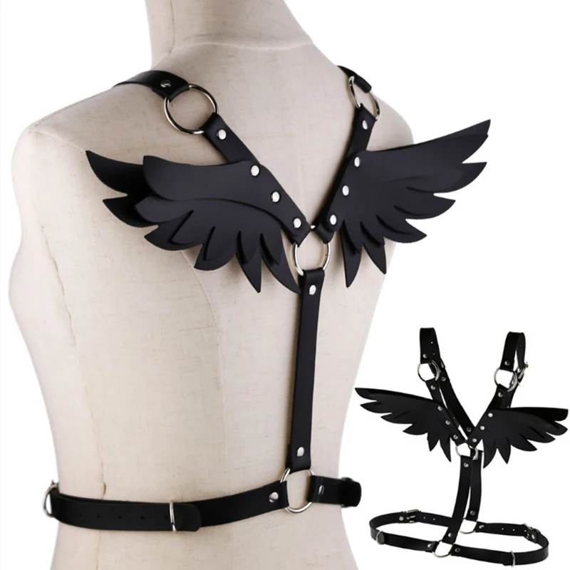 Sexy Angel Wings Leather Harness Cage Bra Belt Lingerie Fetish Black Body Sexy Tops Caged Bralette Punk Goth Dance Underwear