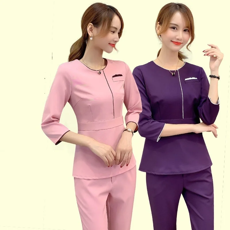 2021 Spa Uniforms Women Korean Beauty Clothing Beautician Scrubs Work Clothes Beauty Salon Tattoo Artist Uniform 2Pcs Set DD2758