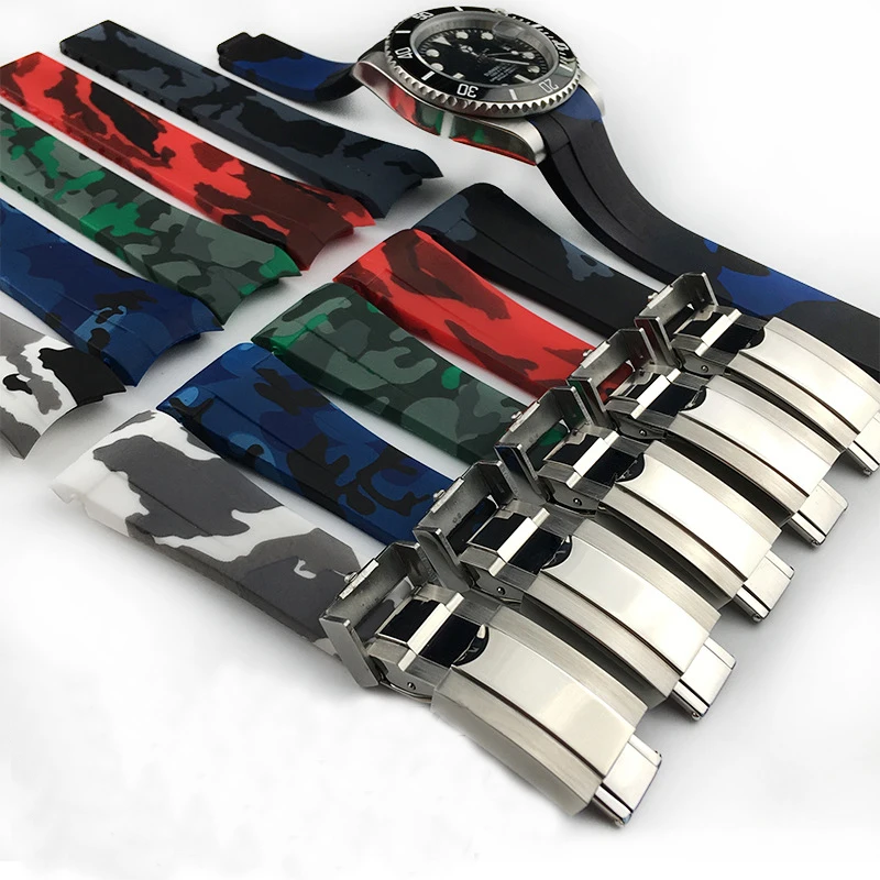 Watchbands Insurance Folding Buckle Camouflage Silicone Strap for Rolex Water Ghost Submariner Daytona Watch Strap 20mm