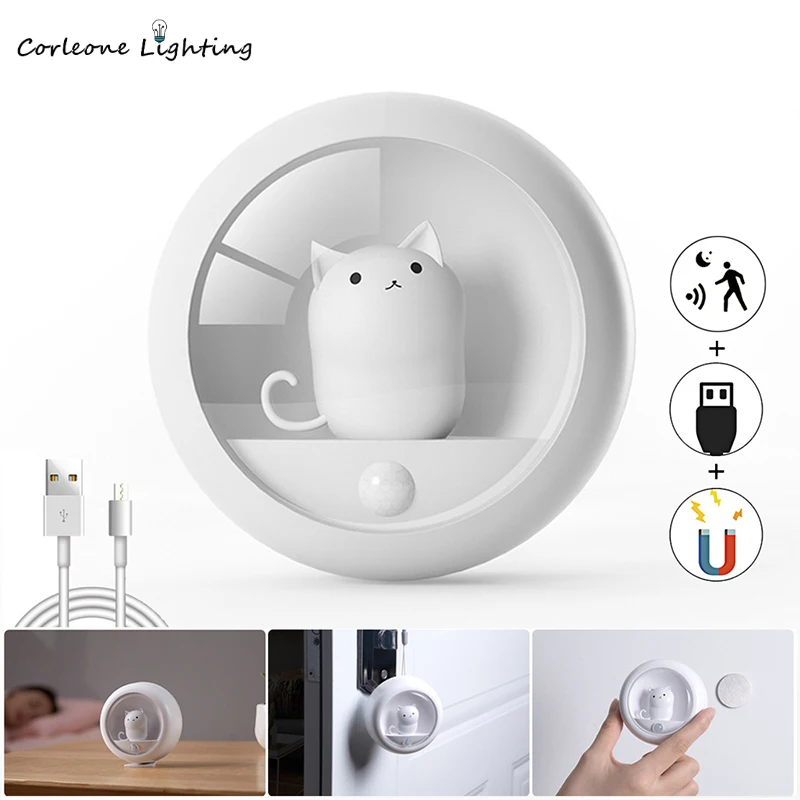 Gato bonito luz da noite humano indução automática lâmpada led para o bebê crianças quartos cabeceira corredor recarregável usb lâmpada de mesa presente do feriado