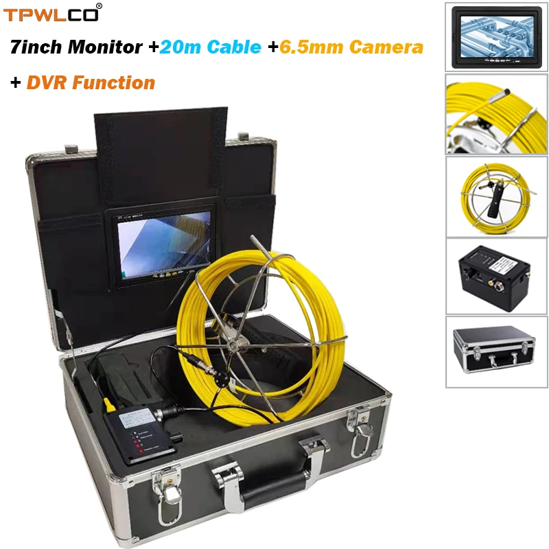 

20m Cable 12V4500mAh Lithium Battery 7inch TFT LCD Pipe Drain Video Inspection System With DVR 6.5mm Endoscope Industrial Camera