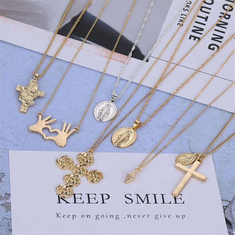 FNIO 2019 Gold Color Chain Cross Necklace for Women Moon Pendant Necklace Religious Retro Charm Necklace Necklace Jewelry image 2