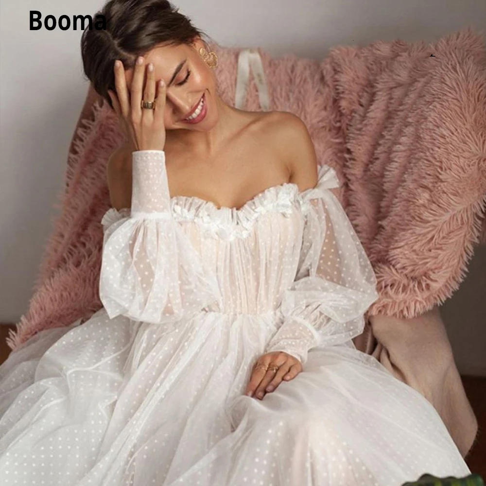 Booma-Robes de mariée en tulle pointillé, épaules dénudées, manches bouffantes, dos ouvert sexy, manches longues, fleur 3D, mariée, quelque soit, nouveau design