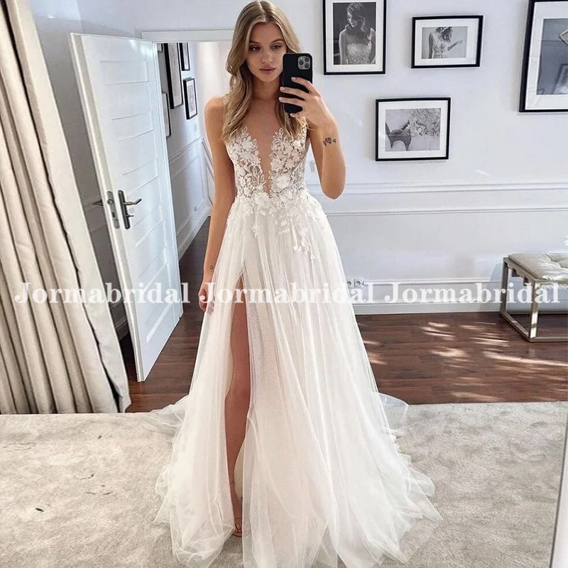 Fairy Boho Wedding Dress Customized Unlined Bodice Deep V-Neck Floral Appliques Soft Tulle High Slit Bridal Gown Suknia ślubna