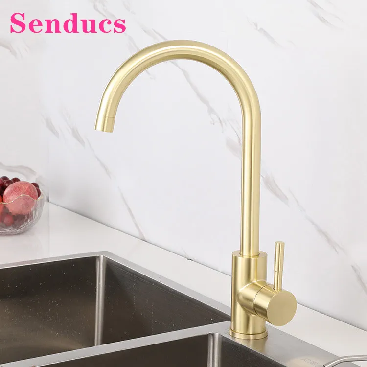 

Brushed Gold Kitchen Faucets Senducs Leadfree Kitchen Mixer Tap Hot Cold Kitchen Faucet 304 Stainless Steel Gold Kitchen Taps