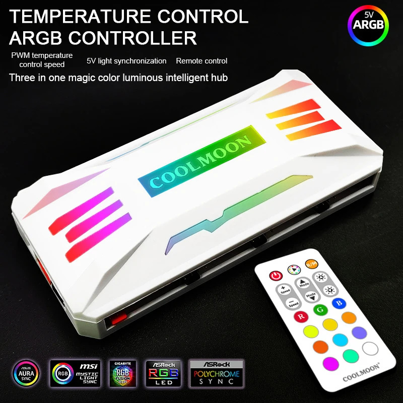 

COOLMOON P-ARGB Controller 4-Pin PWM Temperature Control 5V 3-Pin Synchronization Wireless Remote Control Chassis Fan Hub