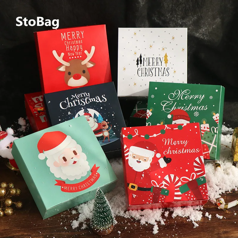 StoBag 12pcs Merry Christmas Paper Box Santa Claus Green/Red Biscuit Candy Package Supplies Party Child Favors Gift Boxes