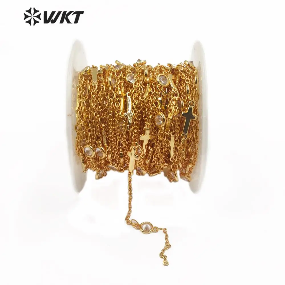 

WT-RBC130 WKT Natural Stone Rosary Chain CZ Cross Brass Chain In Gold Electroplated Rosary Chain For Women Stylish Jewelry