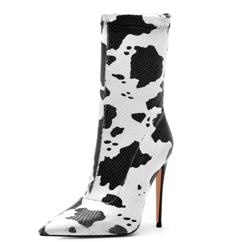 

Creative Design Black and White Cow Newspaper Print Women Boots Mid Calf Spike Heel Pointed Toe Short Boots Big Size 45