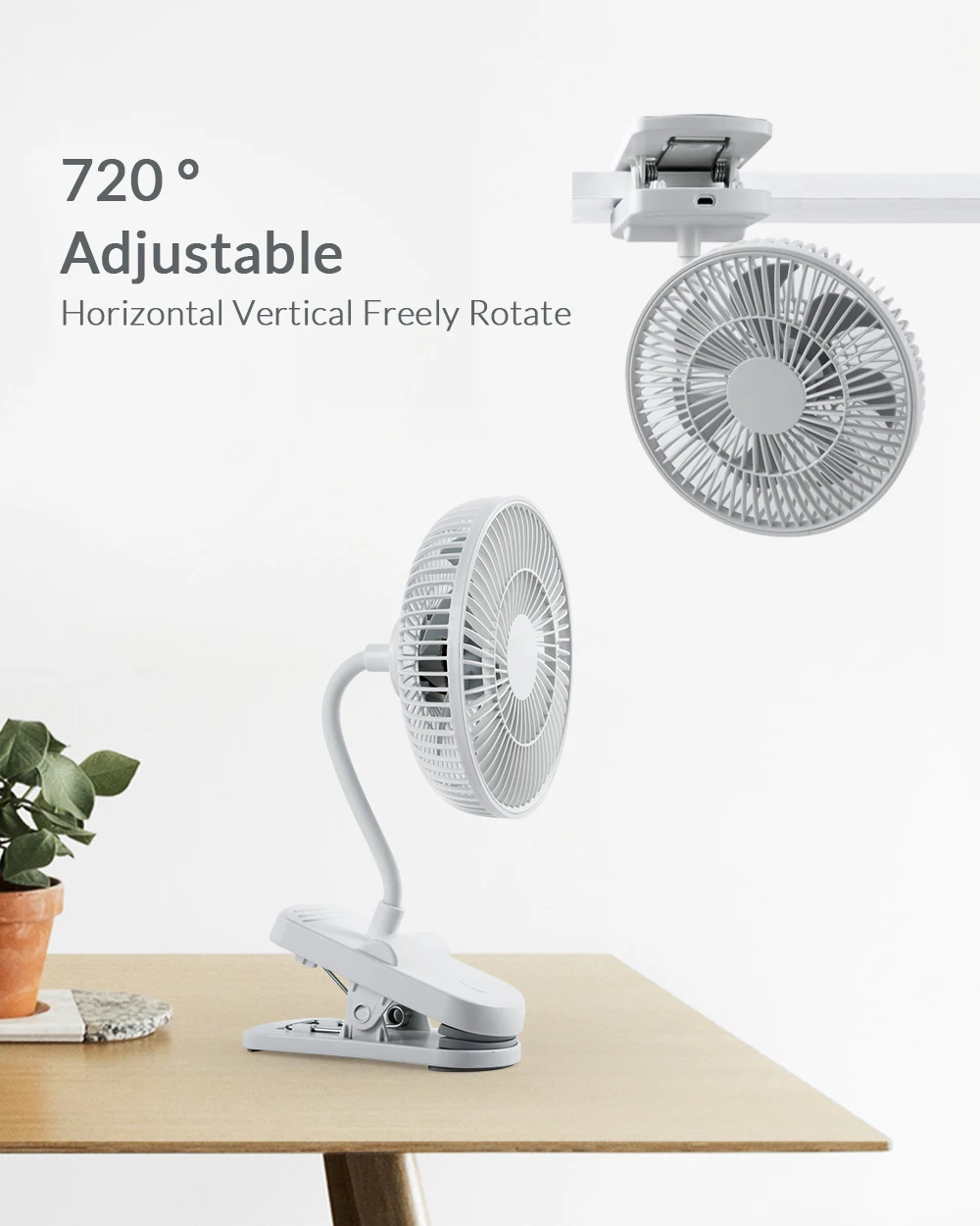 KASYDoFF Clip Fan Portable USB Stroller Fans with 4 Speeds Quiet Clip on Mini Table Fan 360° Rotatable Battery Operated White