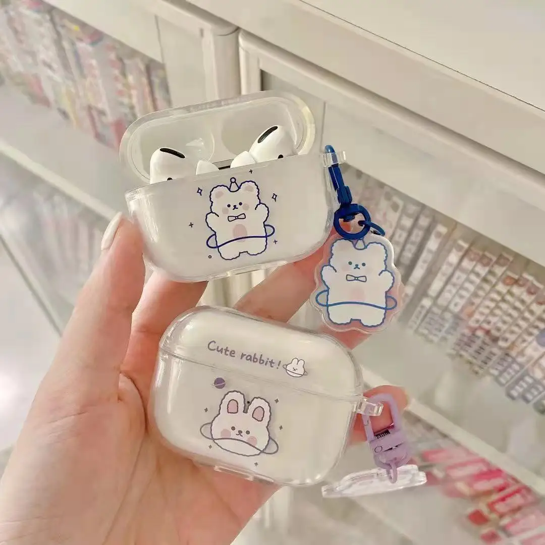 Kreskówka niedźwiedź królik przezroczysty przezroczysty miękkie silikonowe futerały dla Apple Airpods 1 2 Pro okładka Funda z pęku kluczy