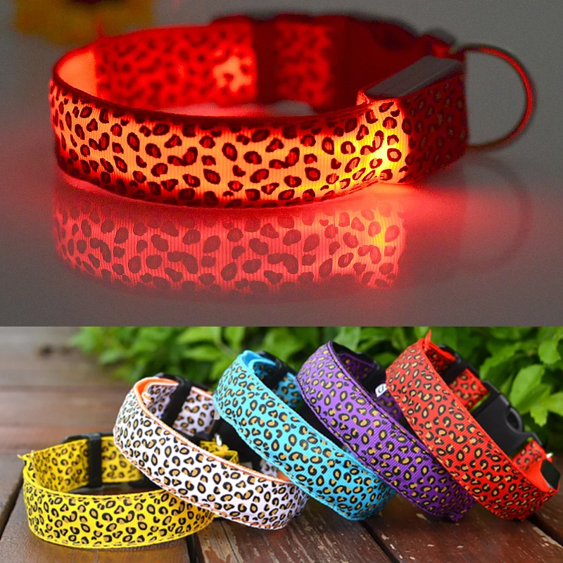 Collar LED de leopardo para perro, luminoso, ajustable, brillante, de nailon, de seguridad nocturna