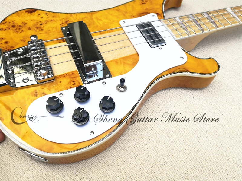 Order booking 4003 electric guitar bass, burl maple yellow veneer 4 strings bass,fixed bridgechrome buttons pickups