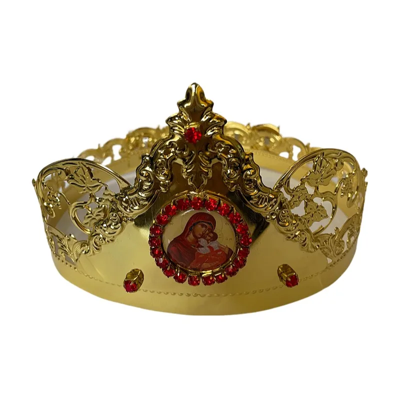 The Church Supplies Wedding Crowns Orthodox Style Gold Plating With Red Zirgon Stones Symbol Of Happiness Jesus and Mary