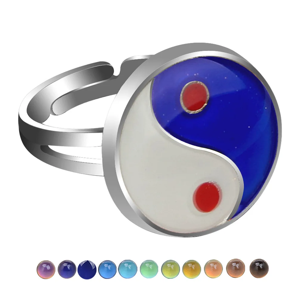 Mood Ring Women Vintage Eight Diagrams Taiji Glitter Powder Adjustable Size Unique Temperature Control Color Animal Rings Female