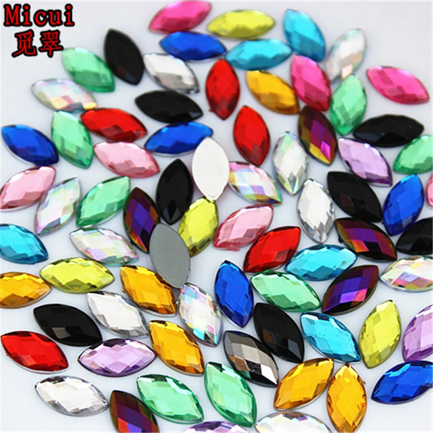 Micui 200pcs 6*12mm Horse Eye Rhinestones Flat Back Acrylic Gems Crystal Stones Non Sewing Beads for DIY Clothes MC350