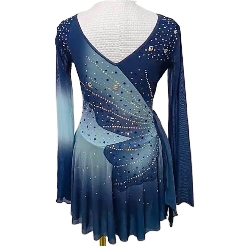 Figure Skating Dress Long Sleeve Gradient Dress Girls' Rhinestones Performance Wear for Competition Stretch Mesh Dance Costume