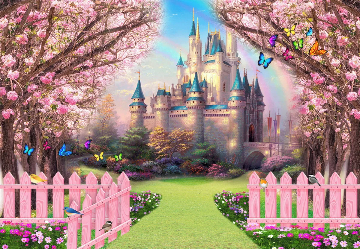 

Cinderella Blue Castle Palace Cherry Blossoms Tree Fence Rainbow Butterfly Garden backdrop Computer print party background