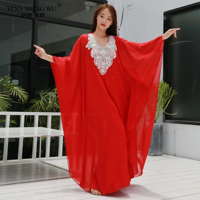 새로운 여성 댄스 착용 배꼽 춤 의류 kaftan 드레스와 스팽글 쉬폰 전통 khaleeji thobe 드레스 bellydance 2pcs